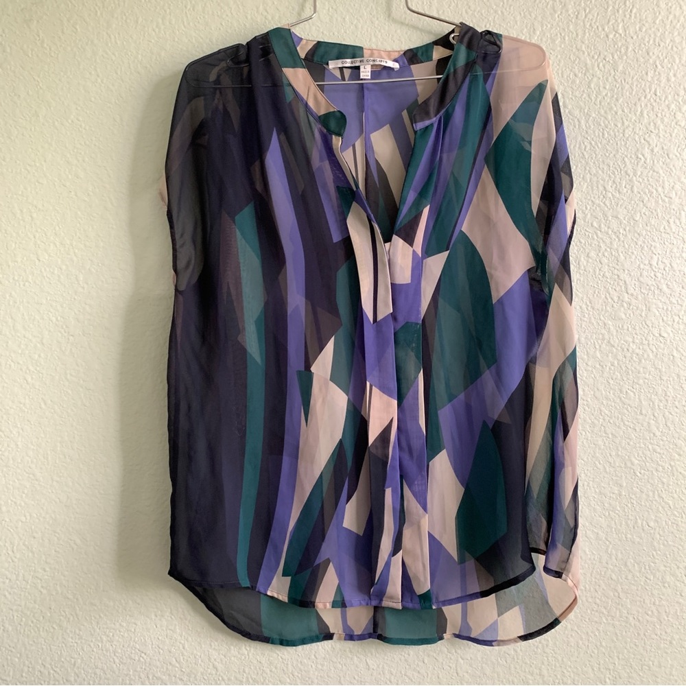 COLLECTIVE CONCEPTS short cap sleeve blouse top sheer shirt geometric print L - Picture 2 of 11
